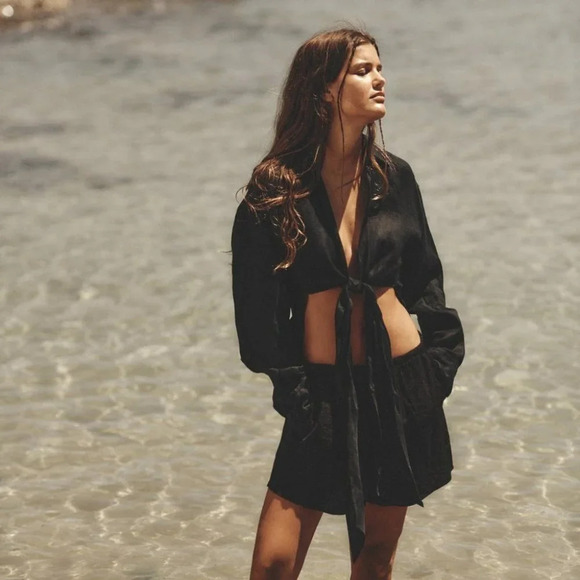 Zara Linen Tie Shirt With Knot Black NWT Size Small - Picture 1 of 11